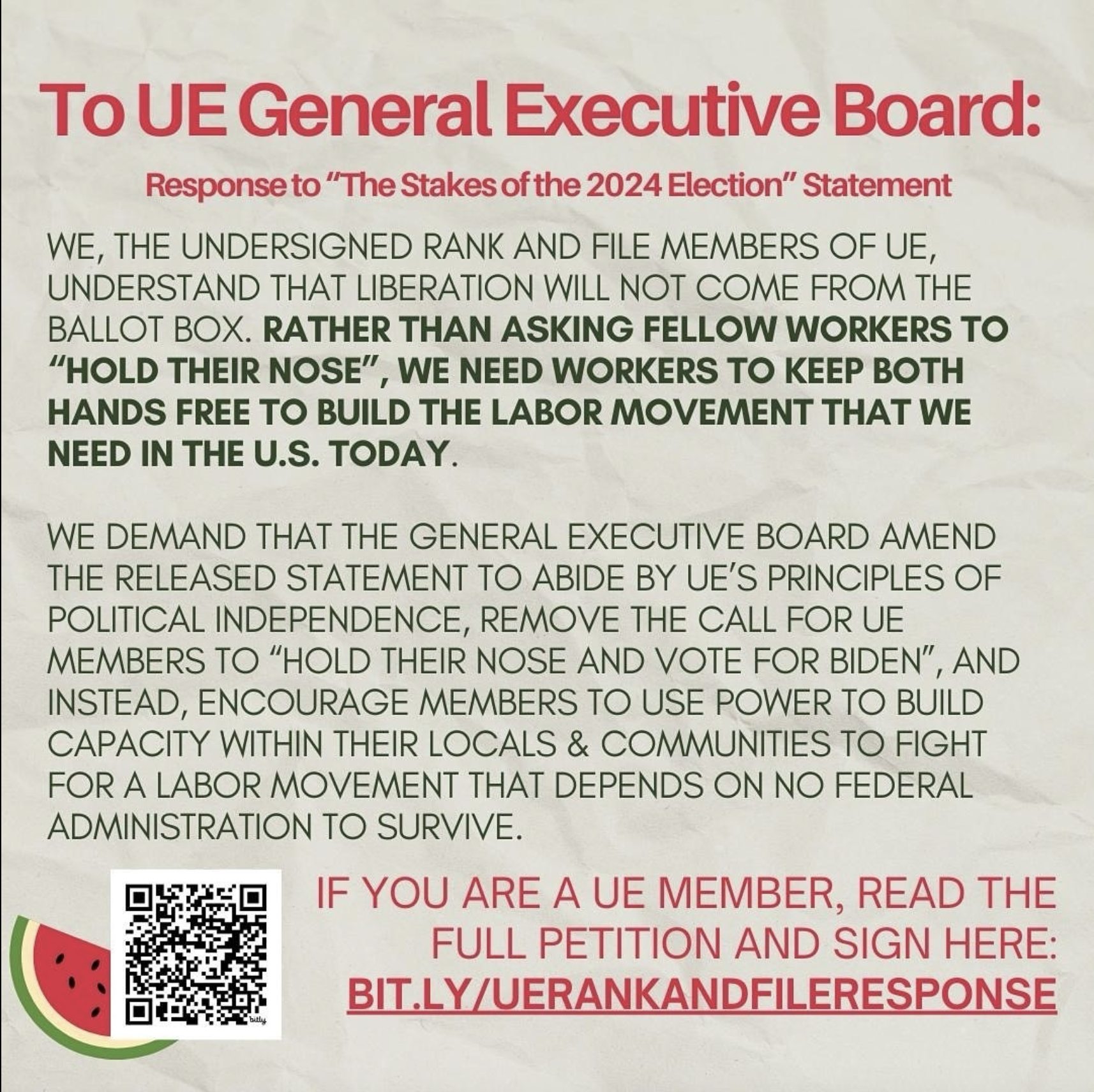 To the UE General Executive Board — Response to “The stakes of 2024 ...