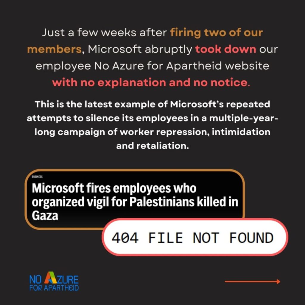 Microsoft Took Down Our Employee No Azure for Apartheid WebsiteWhy is
